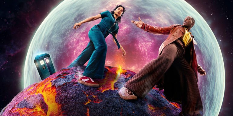 Varada Sethu and Ncuti Gatwa on a burning moon with the TARDIS and a planet in the background in Doctor Who Season 2 | Agents of Fandom