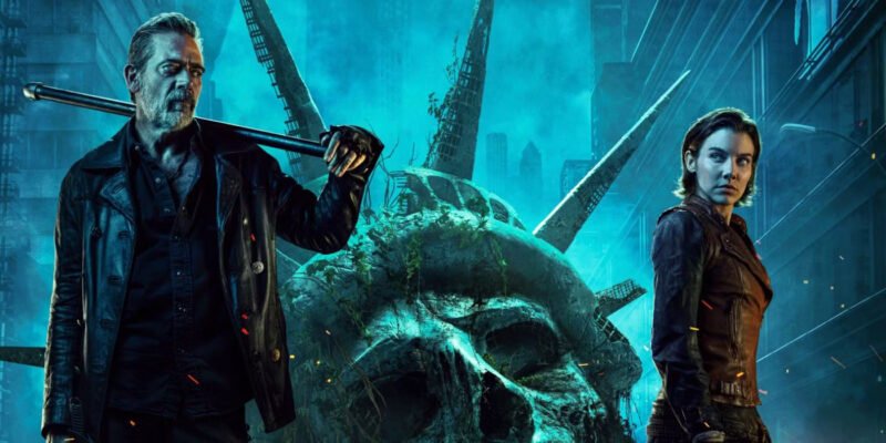 Maggie and Negan in front of the severed and zombified head of the Statue of Liberty for The Walking Dead: Dead City Season 2 | Agents of Fandom