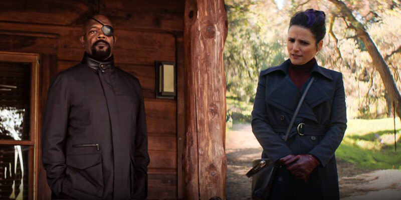 Nick Fury in front of a cabin in Avengers: Endgame next to Valentina Allegra de Fontaine from Black Widow | Agents of Fandom