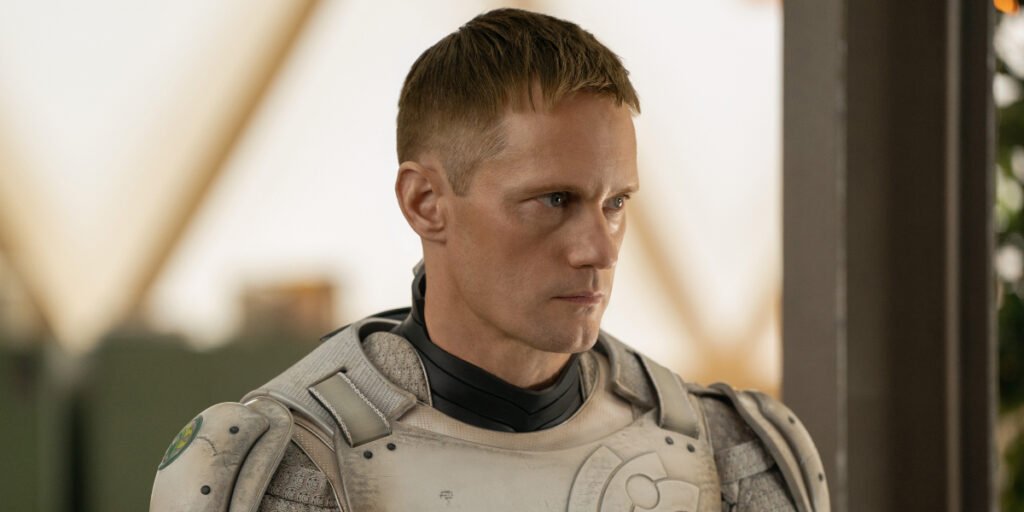 Alexander Skarsgård as an android with a human face in Apple TV+'s Murderbot | Agents of Fandom