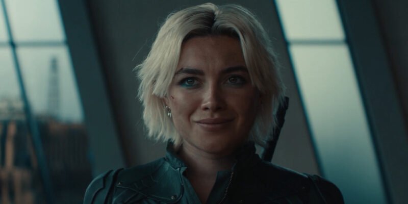Florence Pugh as Yelena Belova smiling in Avenegrs Tower in Thunderbolts | Agents of Fandom