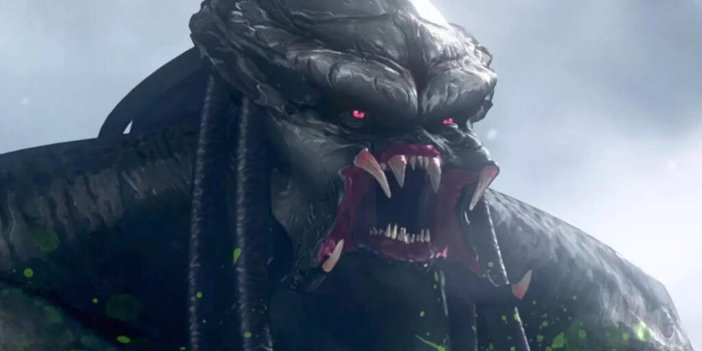 A Yautja with green blood opening it's mouth in Predator: Killer of Killers | Agents of Fandom