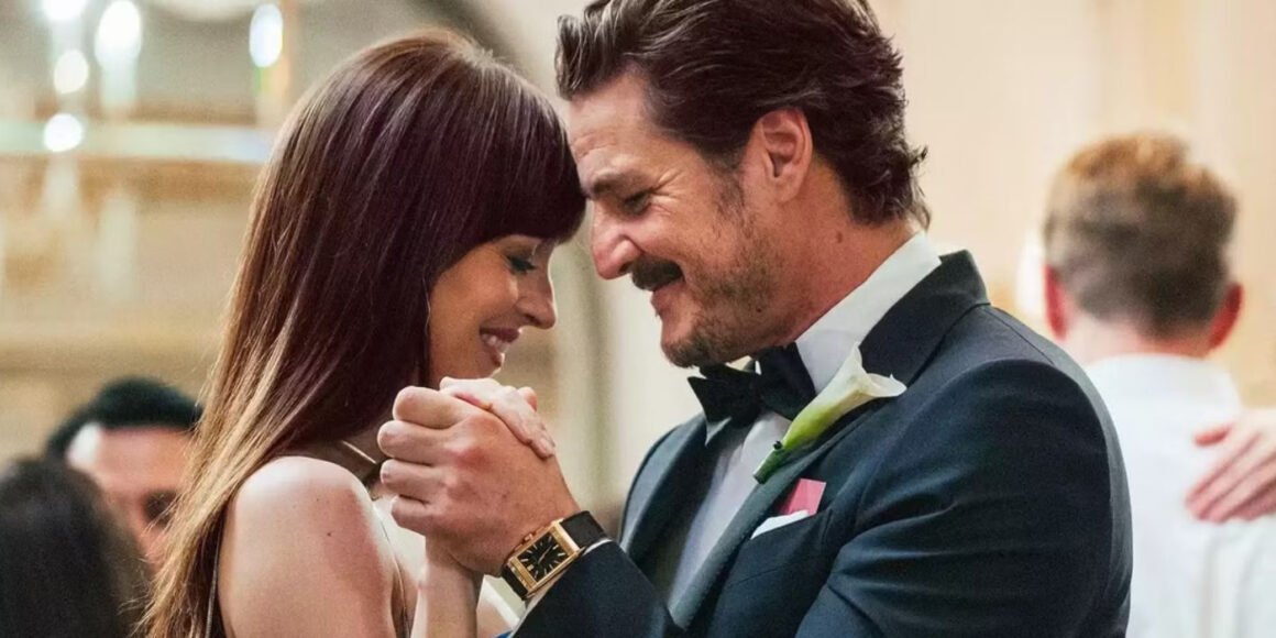 Lucy (Dakota Johnson) and Harry (Pedro Pascal) smiling while dancing at a wedding in Materialists | Agents of Fandom