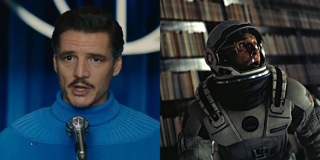 Reed Richards (Pedro Pascal) reassuring a crowd of people in The Fantastic Four: First Steps and Joseph Cooper (Matthew McConaughey) in the fifth dimension in Interstellar | Agents of Fandom