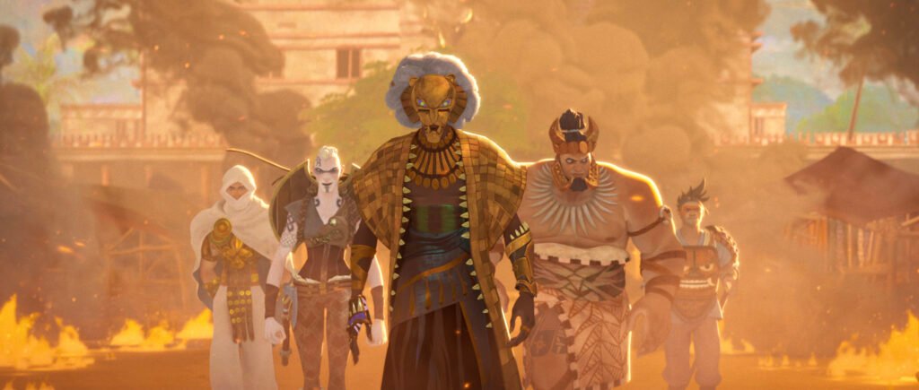 A man in a lion mask leads a group of people through a burning village. | Agents of Fandom.
