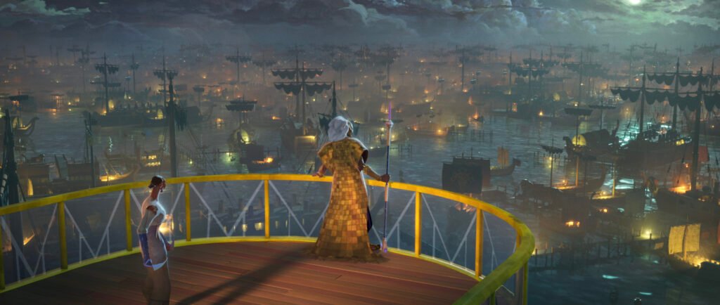 A young woman from Wakanda looks on at a large man wearing a gold cape, overlooking a harbor full of ships | Agents of Fandom.