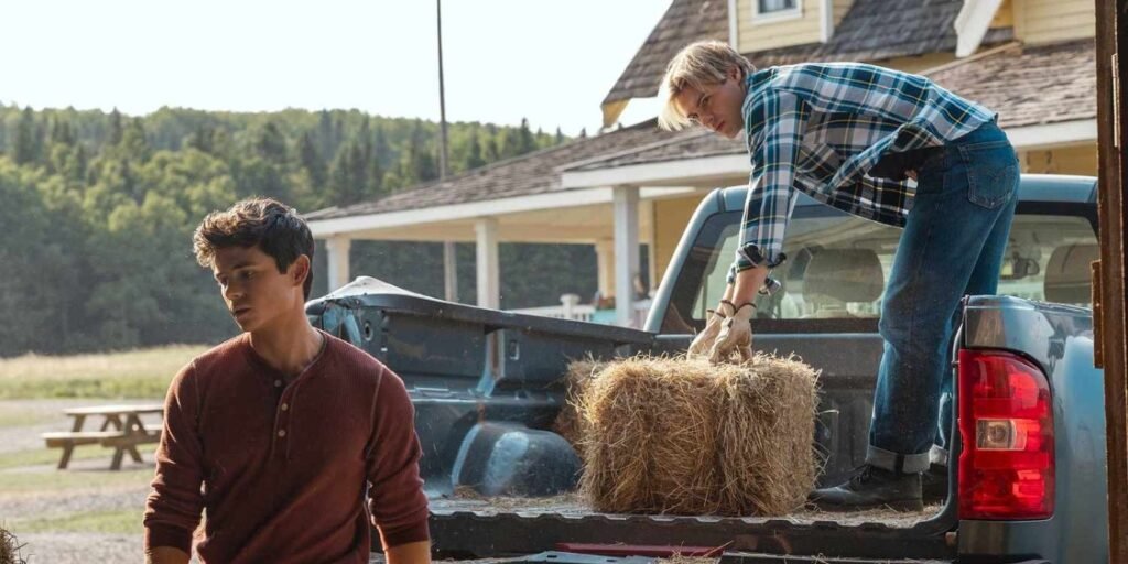 Cole  and Alex Walter lift hay bails off of a pickup truck in My Life With The Walter Boys Season 2 | Agents of Fandom