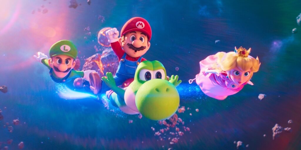 Luigi, Mario, Yoshi, and Peach flying through space in 2026's The Super Mario Galaxy Movie | Agents of Fandom