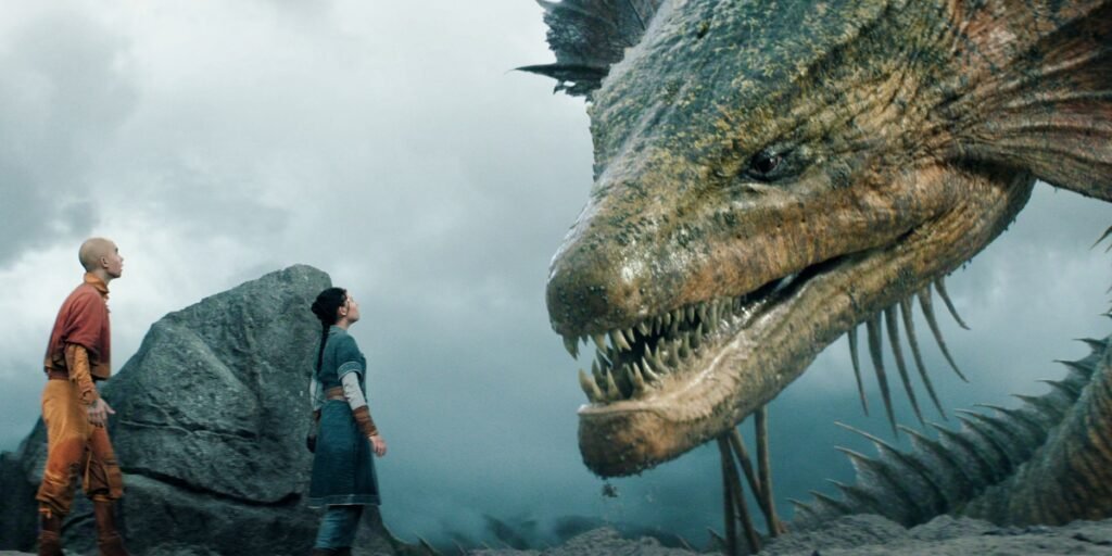 Aang and Katara fight the giant serpent at Serpent's Pass on the way to Ba Sing Se in ATLA Season 2 on Netflix | Agents of Fandom