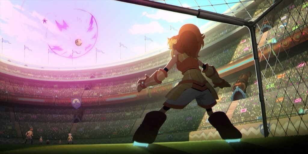 Sylve prepares to stop a speeding ball in a game of Gorotama | Agents of Fandom