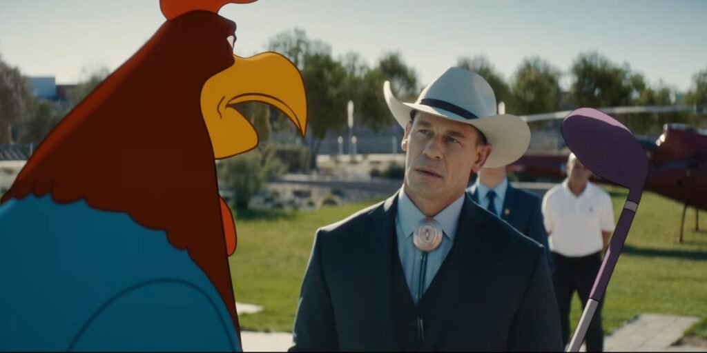 Foghorn Leghorn (Erica Bauza) threatening Buddy Crane (John Cena) in Coyote vs. Acme | Agents of Fandom