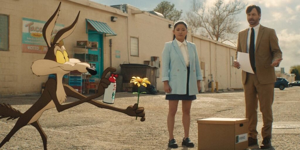 Wile E. Coyote testing out ACME products while Paige Avery (Lana Condor) and Kevin Avery (Will Forte) stand by and watch in Coyote vs. Acme | Agents of Fandom